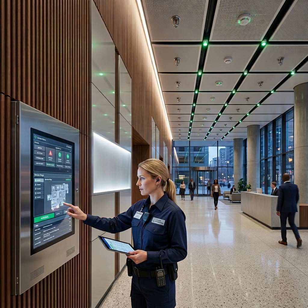 Futuristic Building Engineering dashboard projected on modern structure