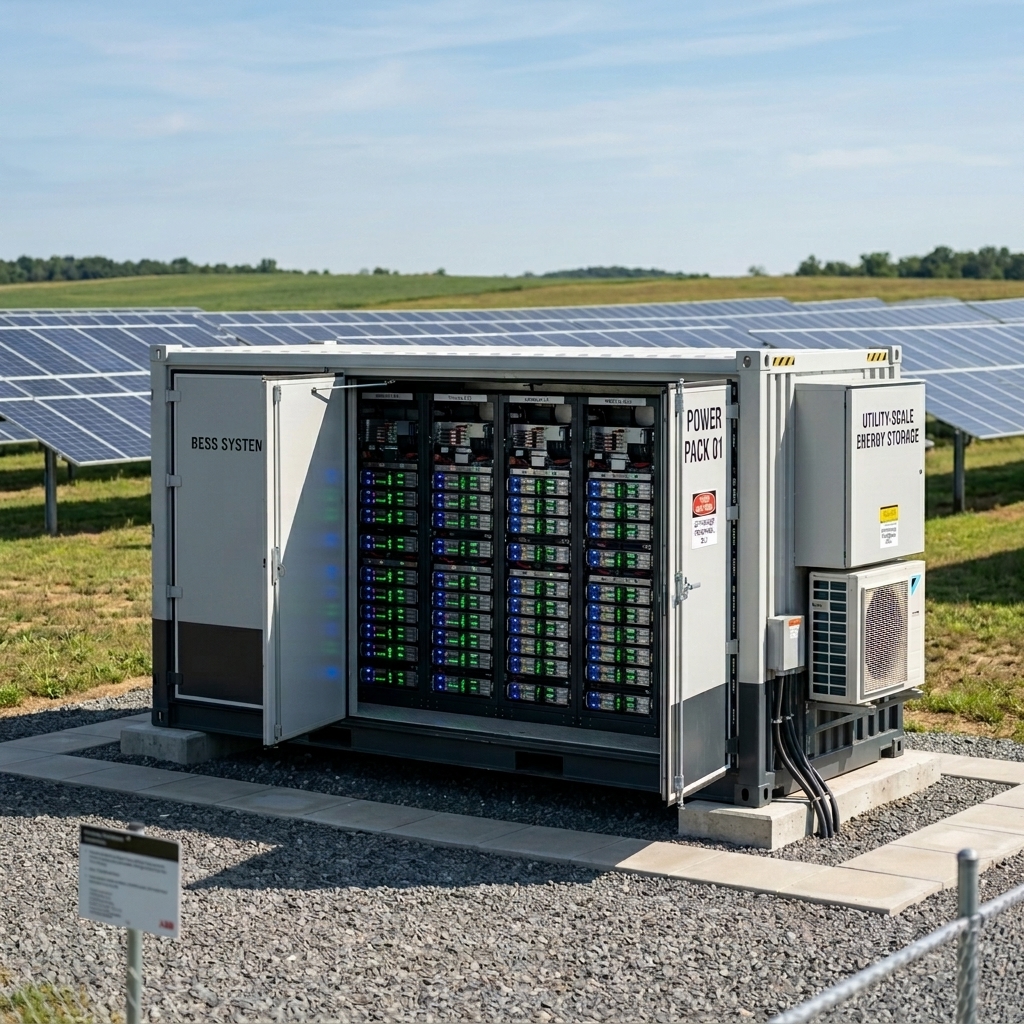 High capacity battery storage racks inside weatherized container station next to solar fields