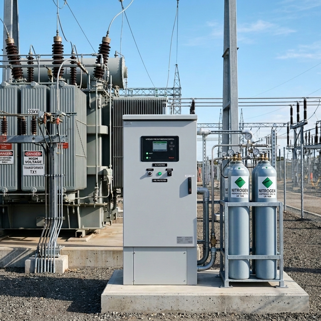 Nitrogen cylinders and switchyard control cabinet next to outdoor transformer substation